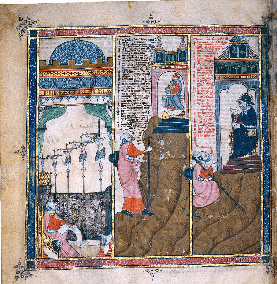 Llull's five visions of Christ crucified, his pilgrimage to Sainte Marie de Rocamadour and Santiago de Compostela.
